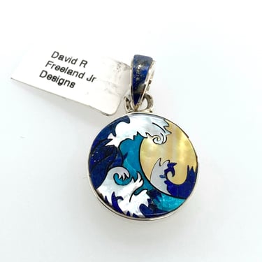 David R Freeland Jr Artisan Multi Stone Inlay Great Wave Pendant Sterling Silver Turquoise Lapis Mother of Pearl 