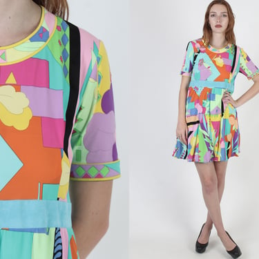 Vintage 70s Abstract Deco Dress, Colorful Floral Jersey Knit Cocktail Party Mini 