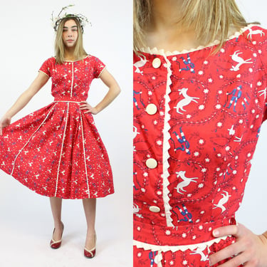 1950s Alex Colman deer print top and skirt xxs| novelty print dress | new spring summer 