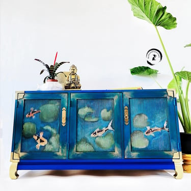 Japanese Style Credenza. Hand Painted Sideboard. Eclectic Koi Pond Inspired Art. Bright Colored Media Console. Large Dining Buffet Cabinet 