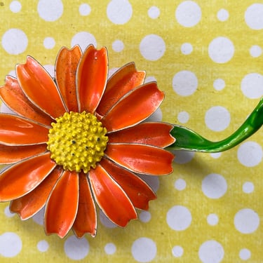 orange daisy brooch 1960s enamel flower pin mod jewelry 
