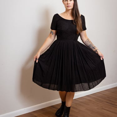 Size S, 1950s Black Lace and Chiffon Cocktail or Party Dress 