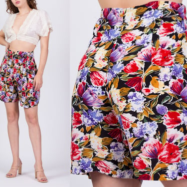 90s Floral High Waisted Shorts - Small, 27" | Vintage Rayon Pleated Casual Summer Shorts 