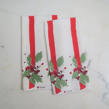 Vintage 1960s Vera Neumann linen cotton kitchen tea towels holiday Christmas set of 2 