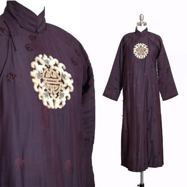 Vintage 40s Chinese purple silk brocade sequin wrap robe coat 