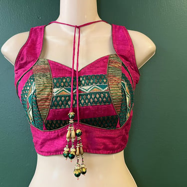 ethnic beaded bustier vintage colorful cropped boho tank blouse small 