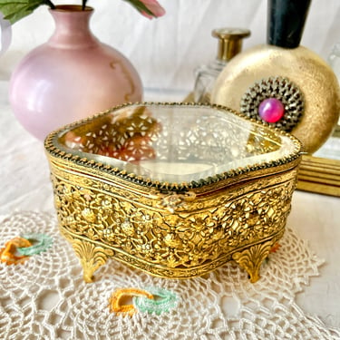 Gold Plated Filigree Vintage Jewelry Box, Glass & Velvet