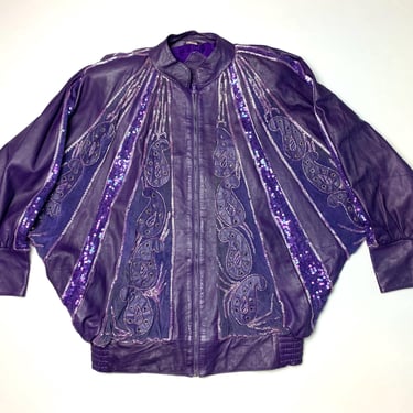 Vintage 80s Purple Leather Batwing Sequined Rhinestone Jacket, Size L 