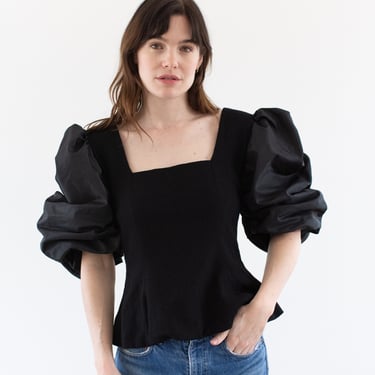 Vintage Black Puff Sleeve Square Neck Shirt | 80s 90s Arthur Doucette Romantic Taffeta Wool Blouse Neiman Marcus | XS S | 