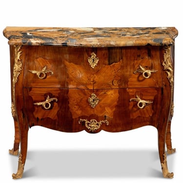 Antique French Louis XV Period Gilt Bronze Ormolu Mounted Tulipwood Kingwood Marquetry Bombe Chest Of Drawers Commode 18th Century 
