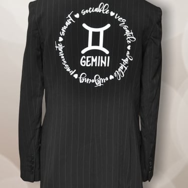 Vintage Black Pin Striped Boyfriend Blazer with Gemini Print on Back Size Large Kamalai Jacket 