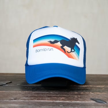 Ready to Ship | Trucker Hat | Hand Printed | Born to Run | Blue Hat 