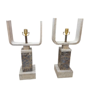 Pair Modern Stone and Oak Lamps