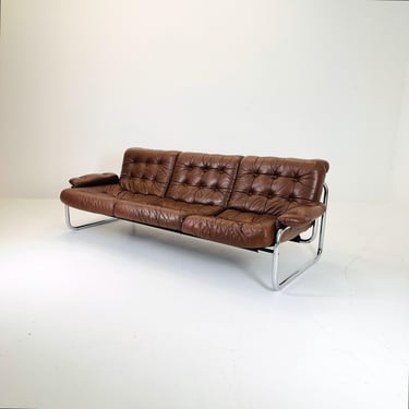 Mid century 3-Seater / tubular frame brown leather sofa 