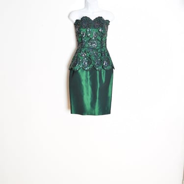 vintage 80s dress green taffeta embroidered sequin strapless prom party XS clothing 