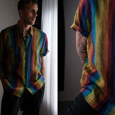 Vintage 80s Missoni for Neiman Marcus Linen Rainbow Stripe Short Sleeve Shirt | Made in Italy | 100% Linen | 1980s Italian Designer Shirt 