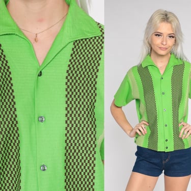 70s Knit Top Lime Green Button up Ribbed ]Top Checkered Striped Retro Short Sleeve Disco Shirt Groovy Seventies Vintage 1970s Small S 