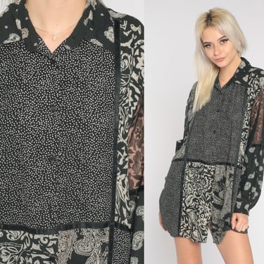 Black Patchwork Shirt 90s Confetti Paisley Floral Shirt Button Up Blouse Sheer Long Sleeve Top Boho Vintage Bohemian White Oversized Small S 