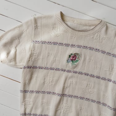 cute cottagecore sweater | 80s 90s vintage white cream striped embroidered intarsia floral short sleeve sweater 