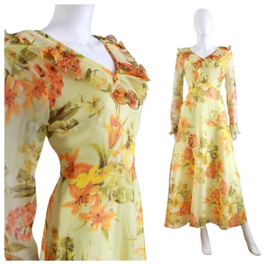 1970s Yellow & Orange Floral Chiffon Maxi Dress - 1970s Floral Chiffon Dress - 1970s Floral Maxi Dress - 70s Fall Floral Dress | Size Small 