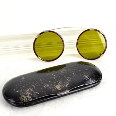 antique sunglasses to clip in green tinted glasses 20s 30s with case for nickel nickel glasses woven temples round Bakelite frame 