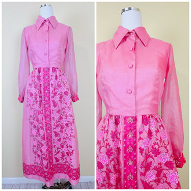 1970s Vintage Alfred Shaheen Pink Nylon Dress / 70s / Seventies Floral Sheer Sleeve Button Up Maxi Gown / Small - Medium 