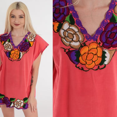 Mexican Floral Blouse 90s Coral Pink Embroidered Top Peasant Hippie Cap Sleeve Shirt Summer Boho Festival Cotton Vintage 1990s Medium M 