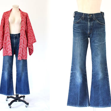 1970s Plain Pockets Mini Bell Bottom Jeans - Perfectly Faded 70s Vintage Mid Rise Denim - 31 x 30 