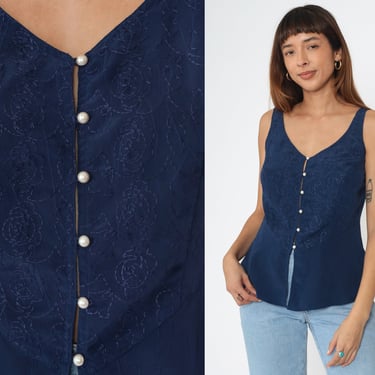 Victoria's Secret Tank Top 90s Floral Embroidered Shirt Navy Blue Sleeveless Blouse Pearl Button Up Shirt 1990s Front Slit Vintage Small 