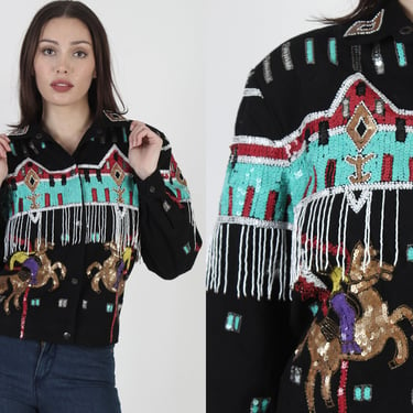 Southwestern Indian Cowboy Sequin Jacket, Vintage 80s Beaded Fringe Cropped Bomber 