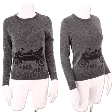70s silver novelty print FORD car sweater S / vintage 1970s Model T disco glam knit top small 