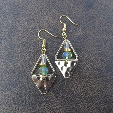 Hammered brass and crystal triangle earrings, pale green 