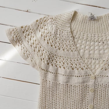 cute cottagecore sweater | 80s 90s vintage white cream ivory open crochet weave short sleeve cardigan 
