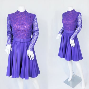 1960's Purple Pleated Lace Flouncy Mini Skirt Dress I Sz Med 
