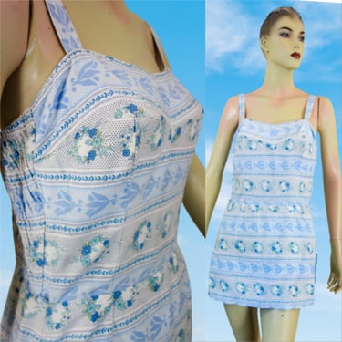 60s playsuit or swimsuit, Cole of California one piece pinup romper, mcm baby blue & white cotton floral bathing suit with skirt, boyshorts 