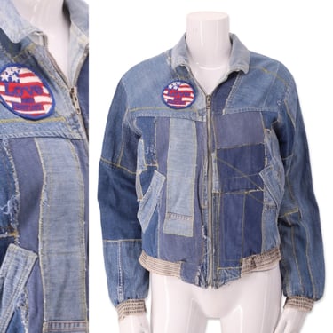 70s patchwork denim custom bomber jacket M/L, vintage 1970s reworked Woodstock era denim jacket gender neutral 