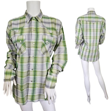 1960s Dee Cee Green Silver Lurex Cotton Long Sleeve Plaid Western Shirt I Sz Sm I Sz 15 - 33 