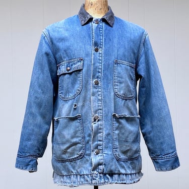 Vintage 1960s Distressed Denim Barn Jacket, Blue Jean Chore Coat, American Workwear, Gender Neutral Utility Jacket, Extra Large 48
