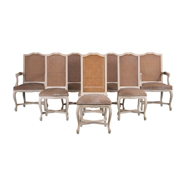French Louis XV Style Painted Provincial Cane Back Dining Chairs W/ Beige Velvet - Set of 8 