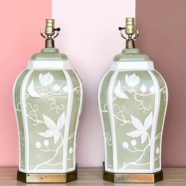 Pair of Green and White Floral Lamps