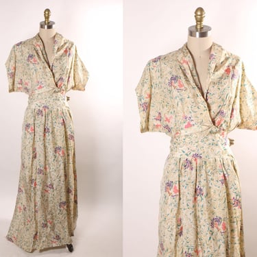 1940s Cream, Tan, Pink and Green Novelty Ancient Greece Print Short Sleeve Full Length Wrap Dress by Flobert -M 