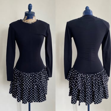 1980s Knit Bodycon with Polka Dot Tiered Skirt Party Dress. XS. By Copperhive Vintage. 
