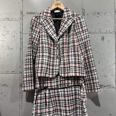 Vintage 1970s  Chelsey Blazer Skirt 2 Piece Suit Set pink and black rockabilly style Bow 