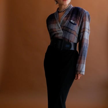 Vintage 80s Norma Kamali Plaid Gauze Shawl Collar Blouse/ Size Medium 