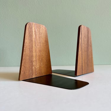 Danish Modern teak bookends / pair of vintage MCM wood and metal book ends / 5 pairs available 