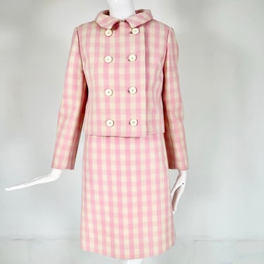 Ginala 1960s Pink Check Wool Twill Dress & Cropped Double Breasted Jacket