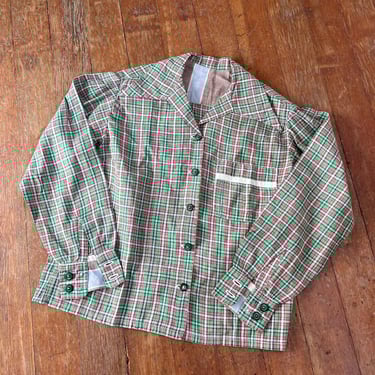 1940’s vintage green and red plaid button down blouse with celluloid buttons 