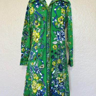 Vintage 1970s Miss Serbin Shift Dress, Medium Women, green yellow blue white floral print 