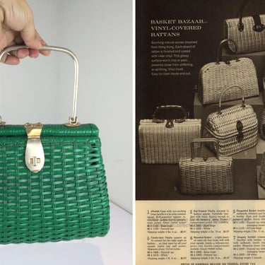 Marrakech Bazaar - Vintage 1950s 1960s Emerald Green Vinyl Wicker Straw Handbag Purse 