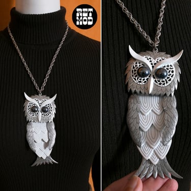 Sassy Large Articulated Owl Vintage 70s White & Silver Statement Necklace 